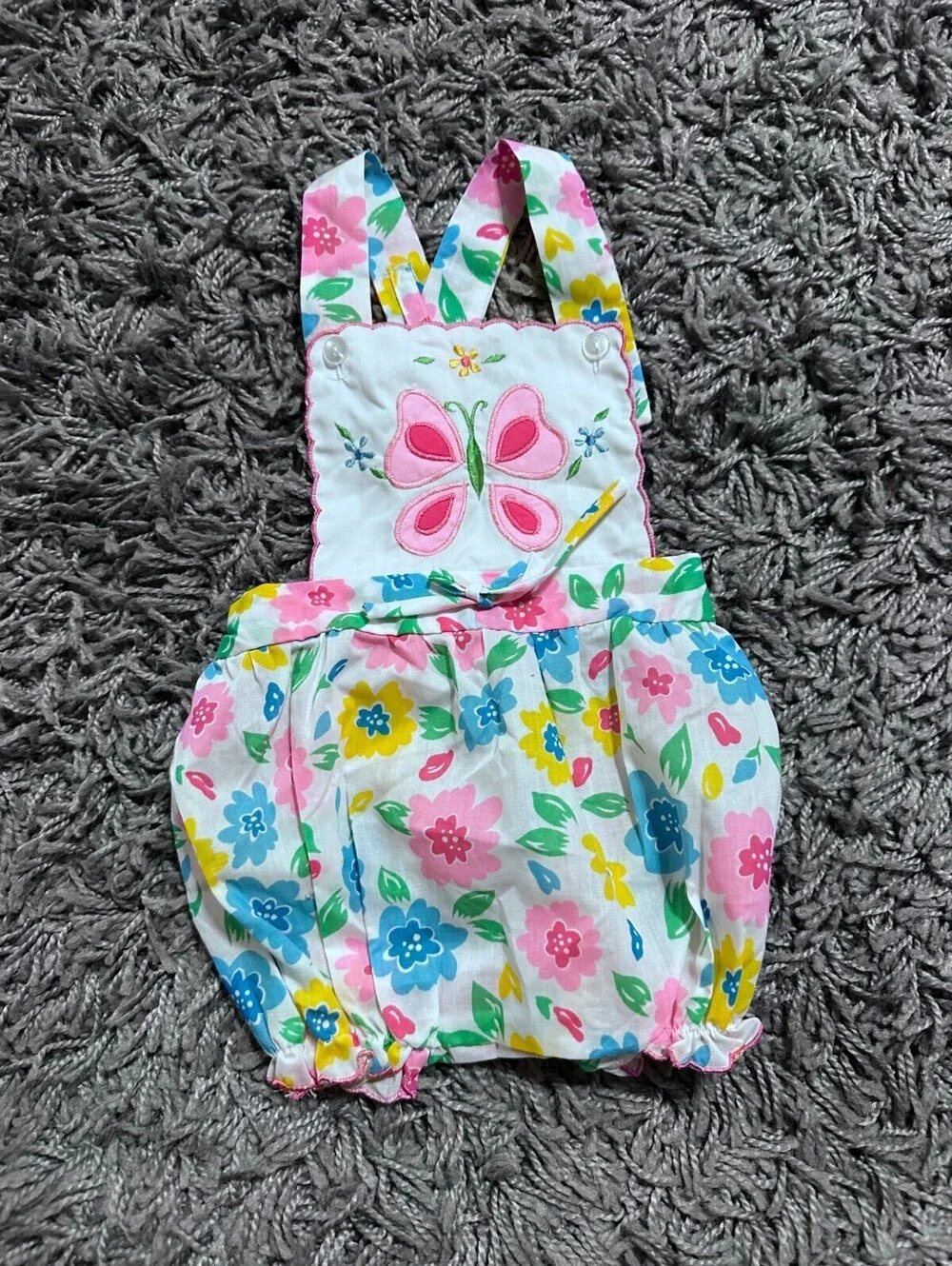 Vintage 70s 80s Baby Bubble Romper Floral with Butterfly Size 18M